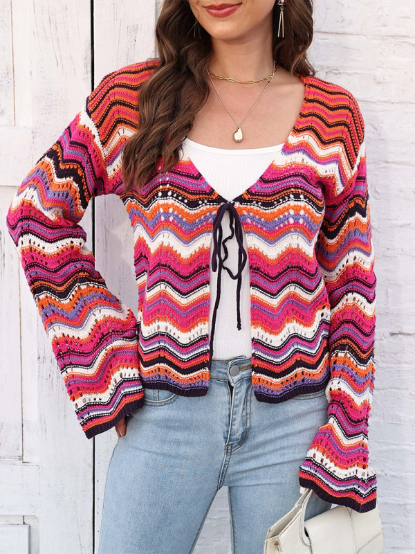 Gilet cardigan tissé à vagues arc-en-ciel avec rayures monochromes 
