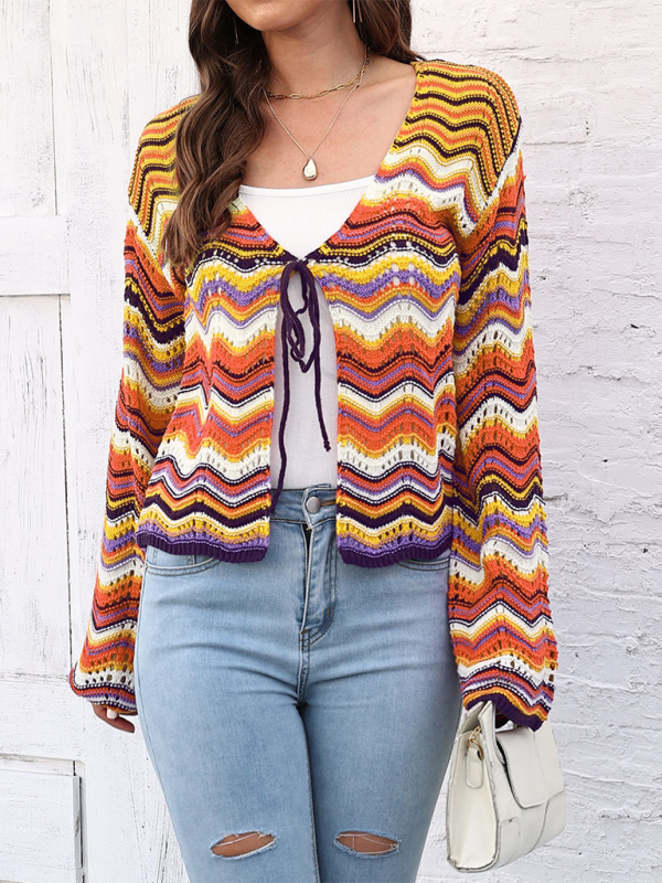 Gilet cardigan tissé à vagues arc-en-ciel avec rayures monochromes 