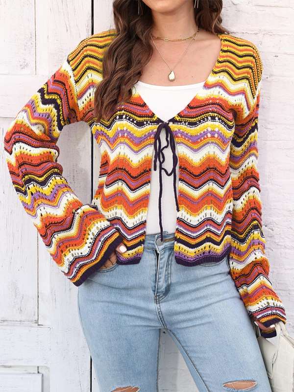 Gilet cardigan tissé à vagues arc-en-ciel avec rayures monochromes 