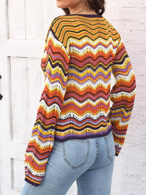 Gilet cardigan tissé à vagues arc-en-ciel avec rayures monochromes 