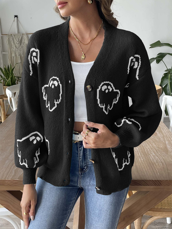 Pull ample et décontracté à boutons, cardigan jacquard à motifs. 