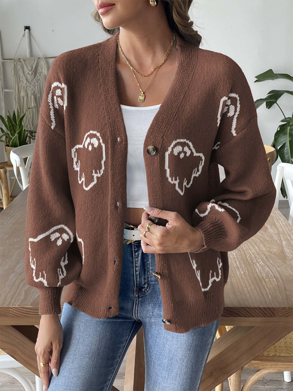 Pull ample et décontracté à boutons, cardigan jacquard à motifs. 