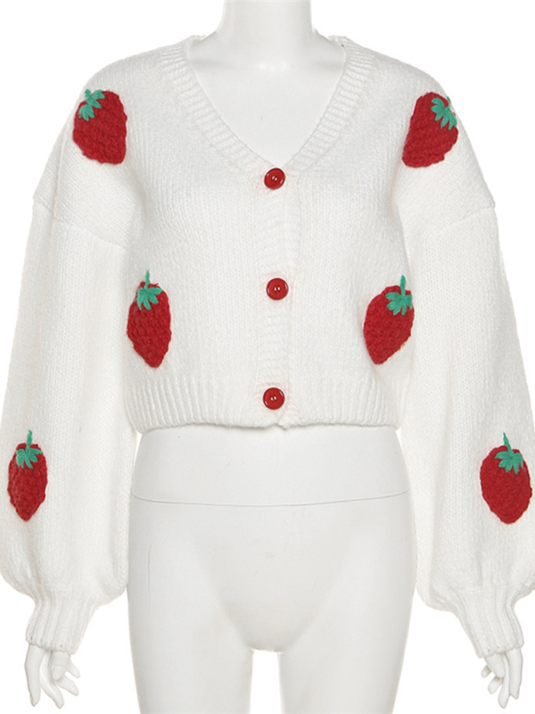 Gilet en maille à col V et boutonnage simple, motif fraise, manches longues 