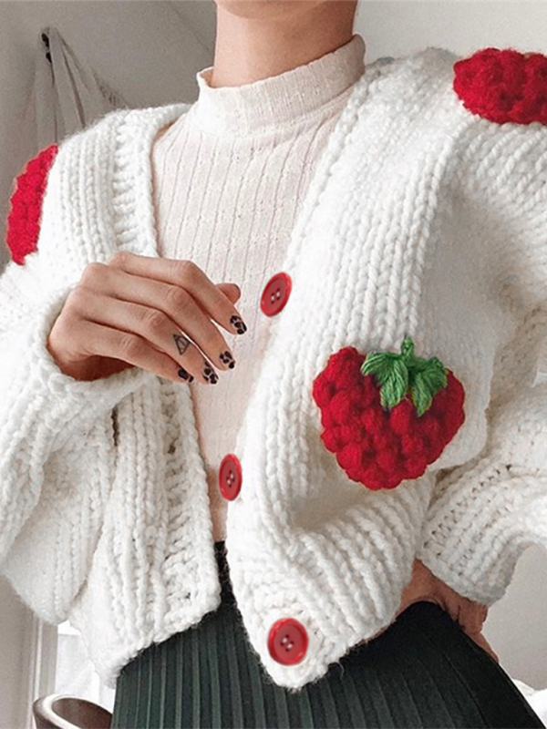 Gilet en maille à col V et boutonnage simple, motif fraise, manches longues 