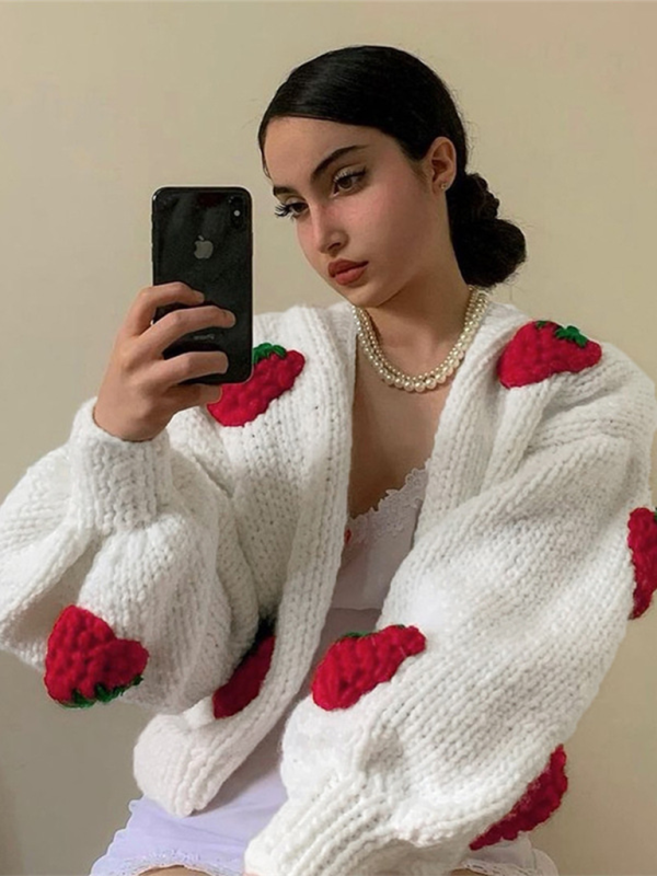 Gilet en maille à col V et boutonnage simple, motif fraise, manches longues 