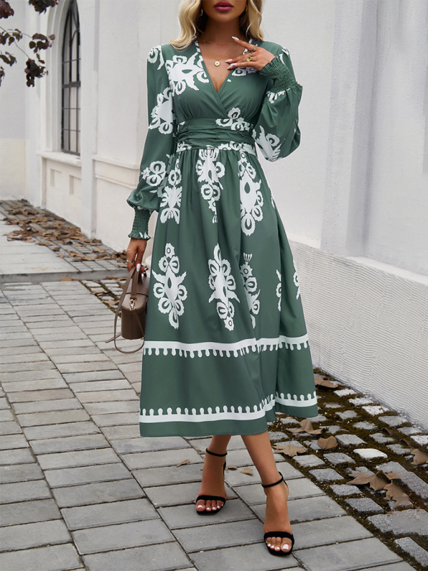 Contrast color print elegant v-neck long sleeve dress