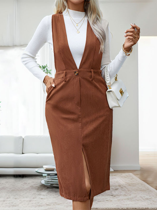 Women's solid color casual mid-length overalls skirt – side view
