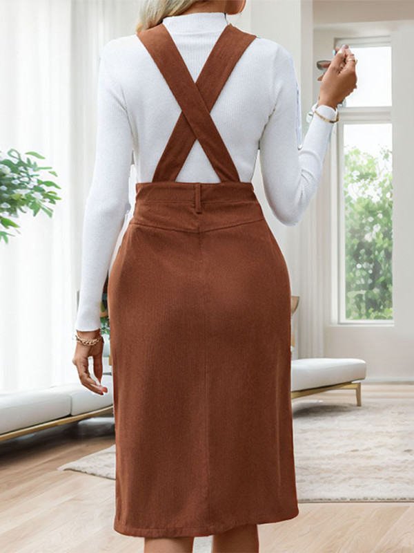 Women's solid color casual mid-length overalls skirt – back view