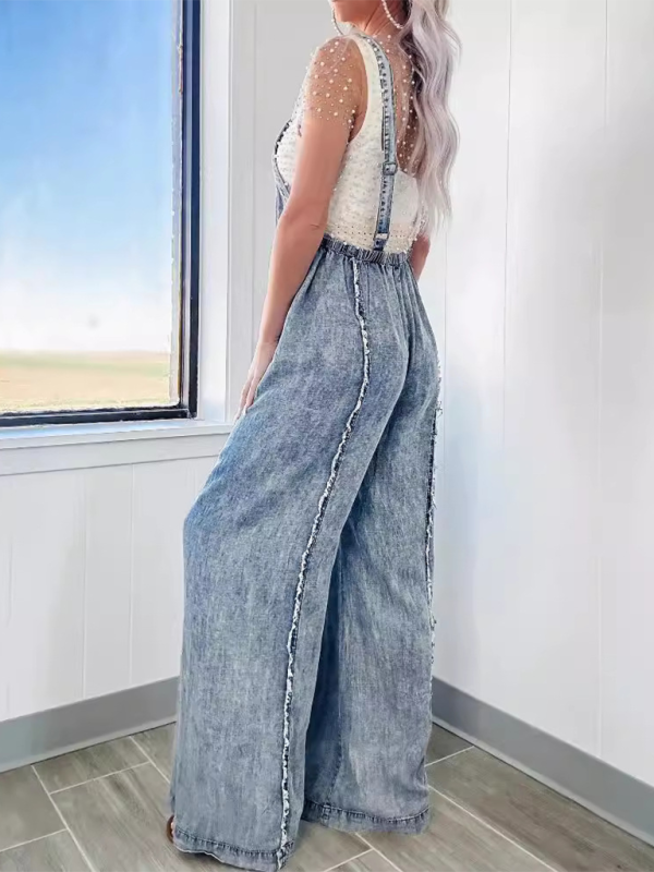 Vintage washed raw edge wide leg jumpsuit loose overalls – detail view