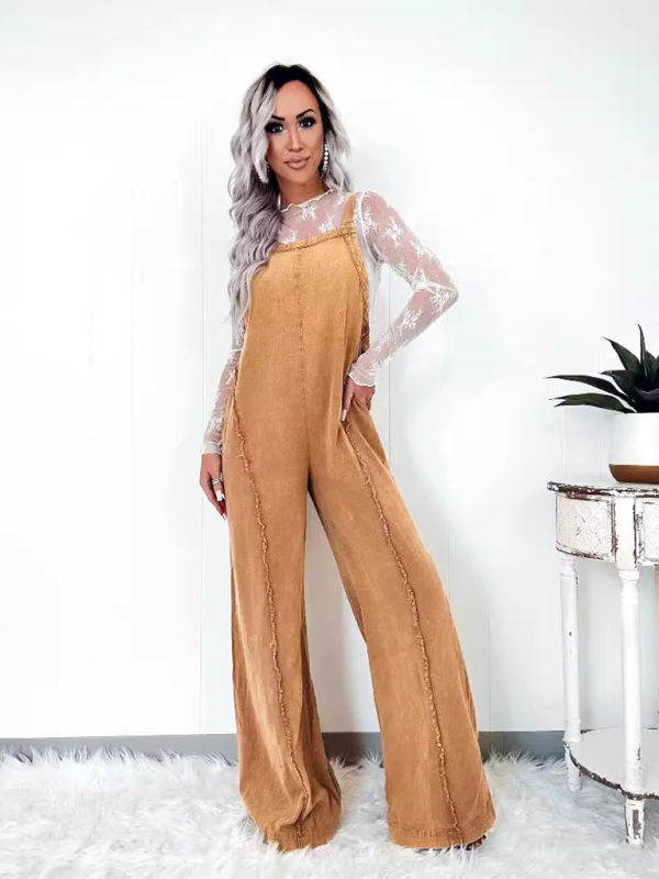 Vintage washed raw edge wide leg jumpsuit loose overalls – side view