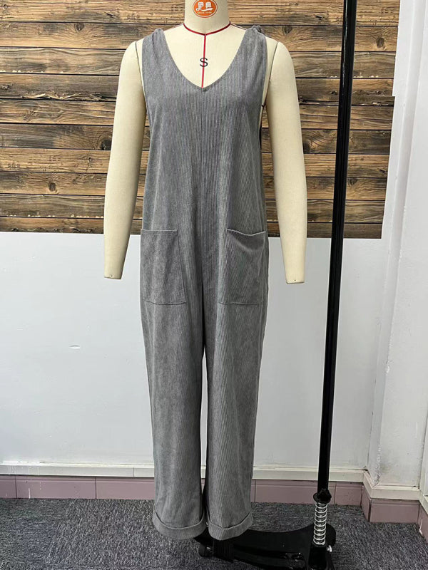 New solid color V-neck sleeveless casual loose straight wide-leg jumpsuit – back view