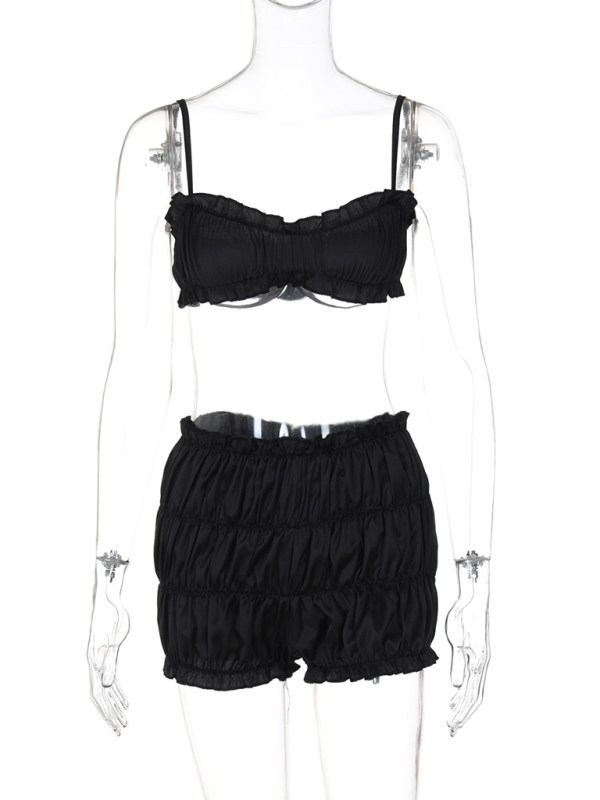 Modischer, sexy Hosenträger-Tube-Top und figurbetonter, plissierter Shorts-Anzug 
