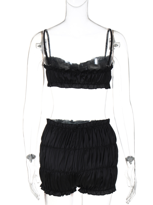Modischer, sexy Hosenträger-Tube-Top und figurbetonter, plissierter Shorts-Anzug 
