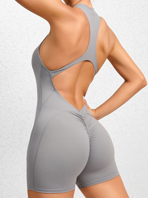 Eng anliegende, schnelltrocknende, plissierte Sport-Yogahose mit Reißverschluss, pfirsichfarbener Hüftausschnitt, Fitness-Jumpsuit 