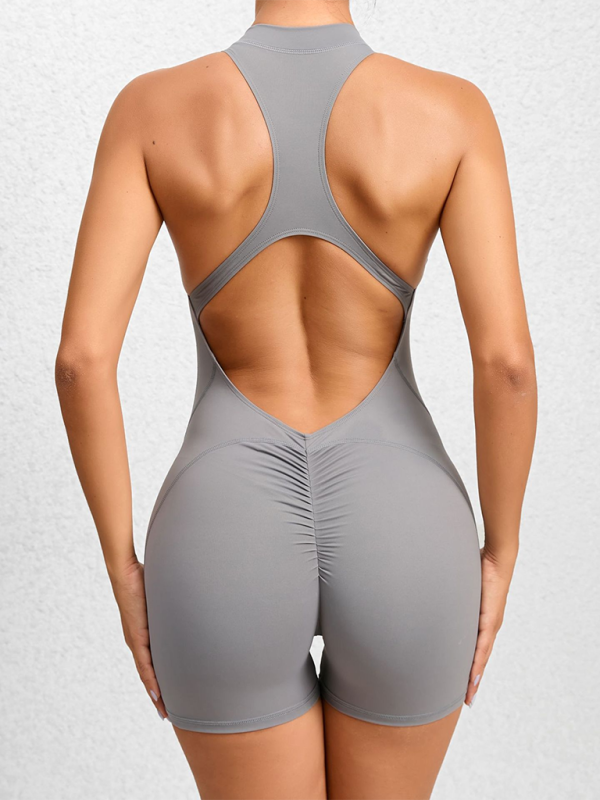 Eng anliegende, schnelltrocknende, plissierte Sport-Yogahose mit Reißverschluss, pfirsichfarbener Hüftausschnitt, Fitness-Jumpsuit 