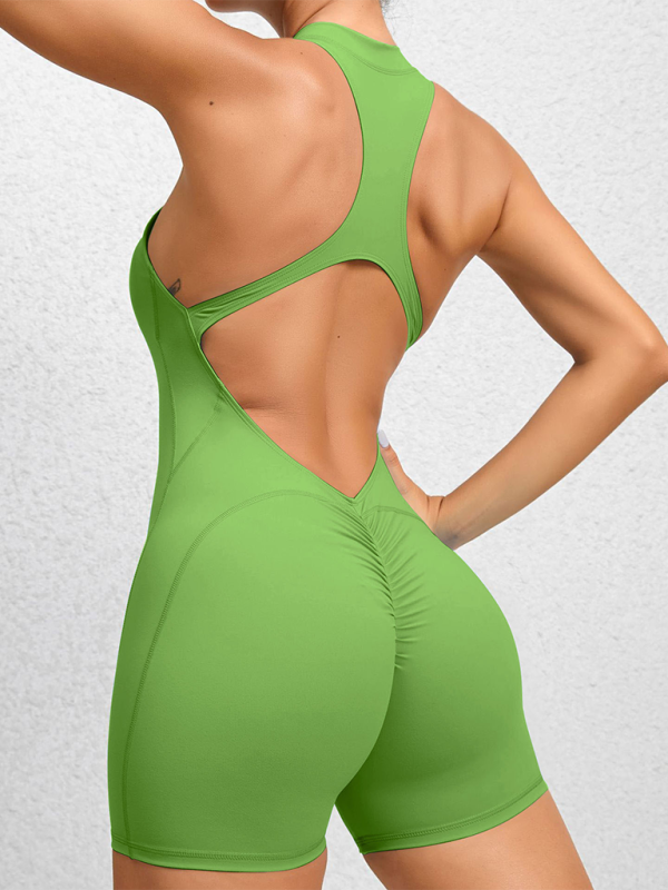Eng anliegende, schnelltrocknende, plissierte Sport-Yogahose mit Reißverschluss, pfirsichfarbener Hüftausschnitt, Fitness-Jumpsuit 