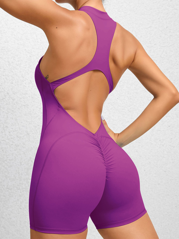Eng anliegende, schnelltrocknende, plissierte Sport-Yogahose mit Reißverschluss, pfirsichfarbener Hüftausschnitt, Fitness-Jumpsuit 
