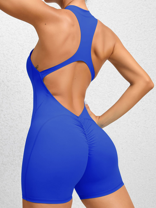 Eng anliegende, schnelltrocknende, plissierte Sport-Yogahose mit Reißverschluss, pfirsichfarbener Hüftausschnitt, Fitness-Jumpsuit 