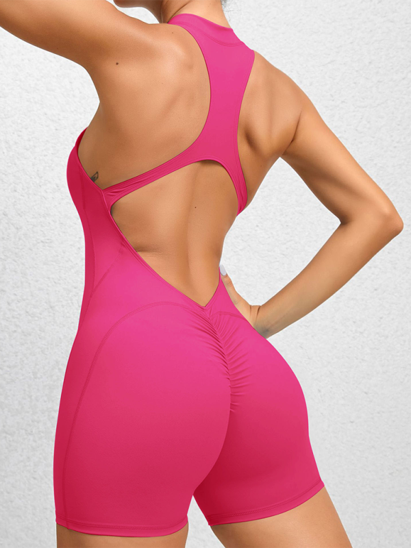 Eng anliegende, schnelltrocknende, plissierte Sport-Yogahose mit Reißverschluss, pfirsichfarbener Hüftausschnitt, Fitness-Jumpsuit 