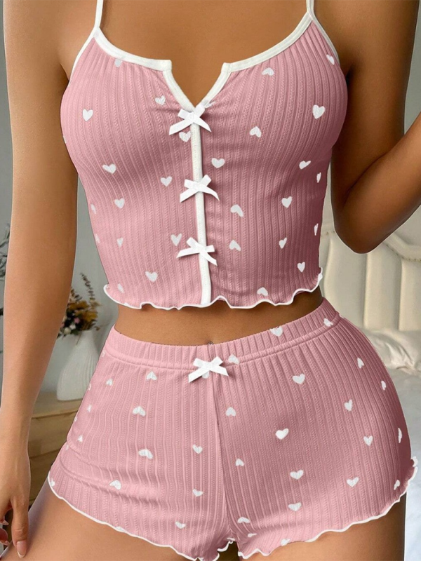 Sexy Homewear Homewear-Set mit Herzchenmuster, kontrastierenden Farben, Schlitz vorne und Trägern 