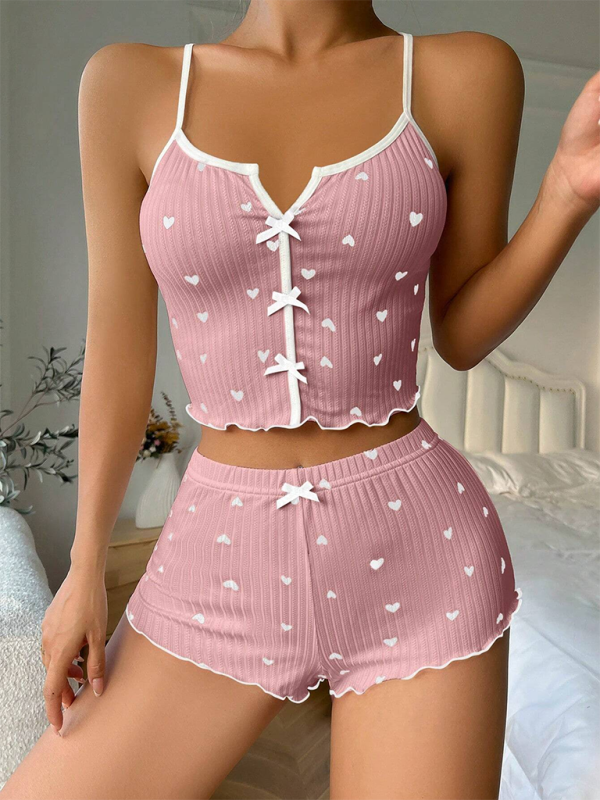 Sexy Homewear Homewear-Set mit Herzchenmuster, kontrastierenden Farben, Schlitz vorne und Trägern 