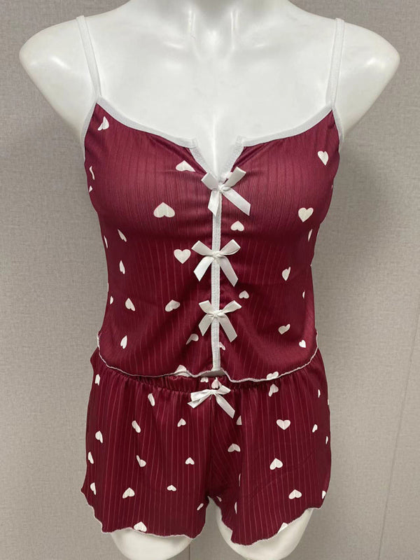 Sexy Homewear Homewear-Set mit Herzchenmuster, kontrastierenden Farben, Schlitz vorne und Trägern 