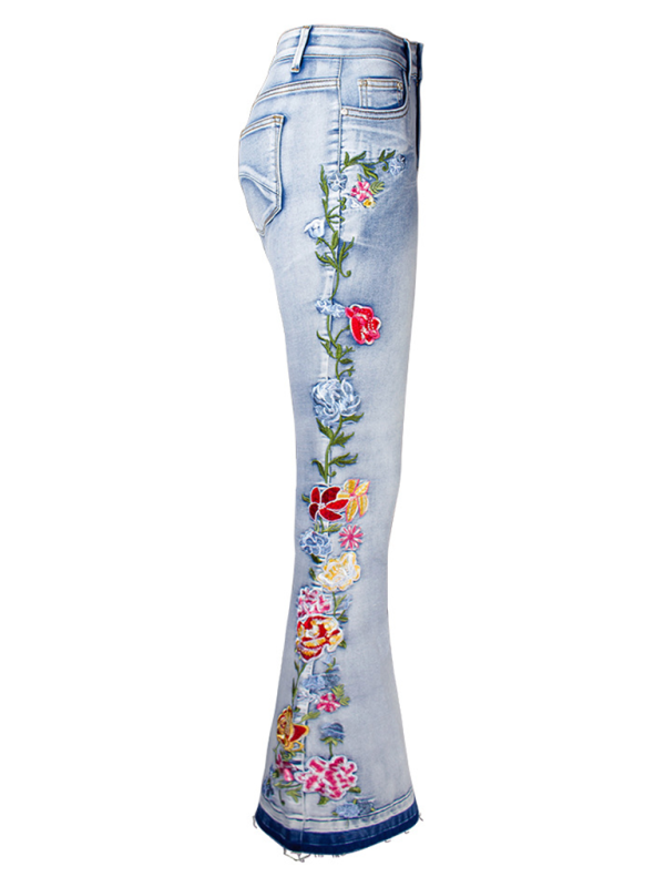 Schlaghose aus Denim mit Blumenstickerei 