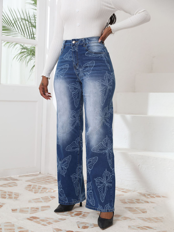 Neue Jeans mit Schmetterlingsprint, hohem Bund und geradem Bein 