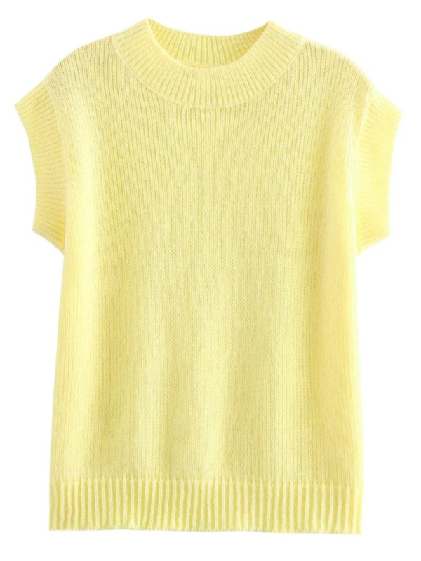 Women's yellow knit vest with colorful embroidery – styling view