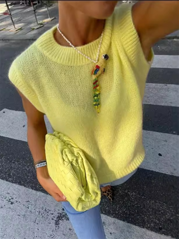 Yellow knit sweater vest with embroidery detail – front view
