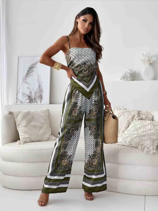 Ensemble deux pièces débardeur imprimé tendance, haut bustier et pantalon fleuri 