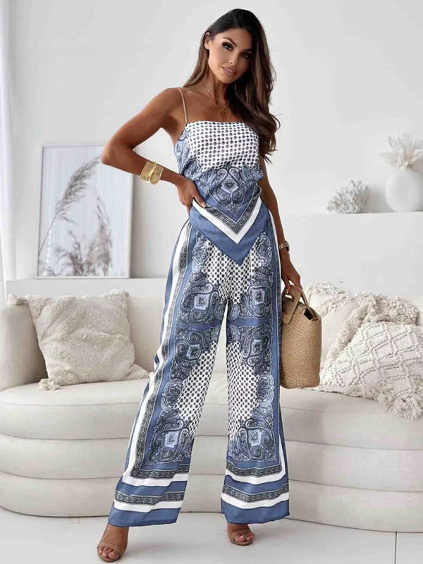 Ensemble deux pièces débardeur imprimé tendance, haut bustier et pantalon fleuri 