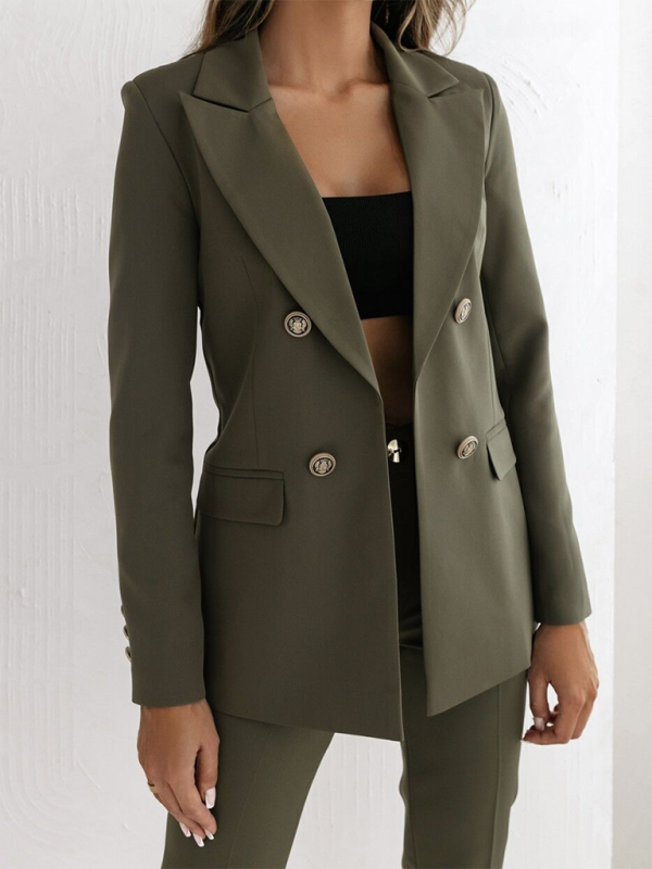 Double-breasted blazer olive green – front view