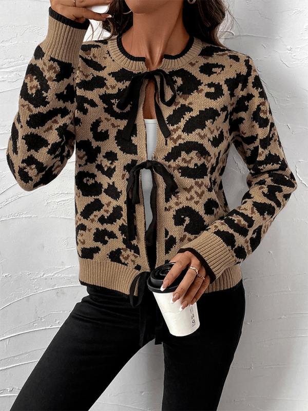 New leopard bow tie knit sweater fall and winter long-sleeved cardigan tops – detail view