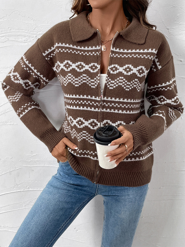 Gilet cardigan en jacquard à fermeture éclair, style ethnique décontracté, col à revers 