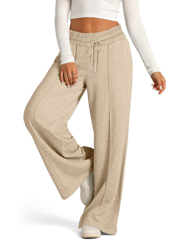 Women's khaki wide-leg joggers with drawstring – side view
