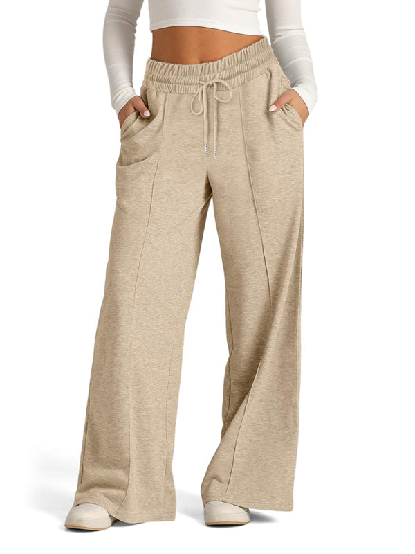 Women's grey wide-leg joggers with drawstring – side view