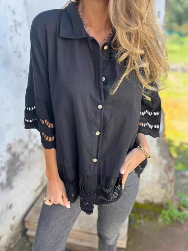 Chemise à manches évasées en dentelle pour femme avec boutons ajourés 