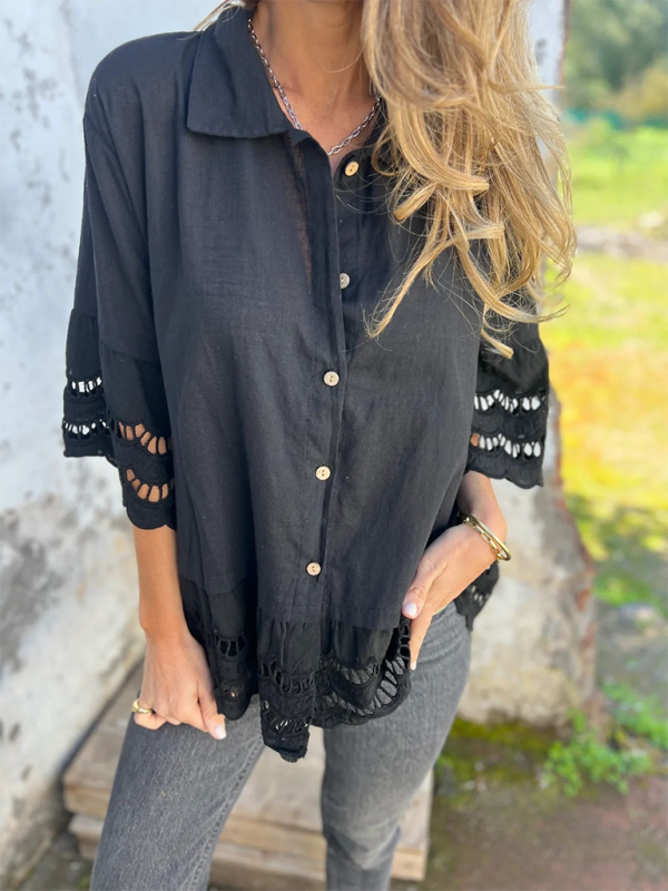 Chemise à manches évasées en dentelle pour femme avec boutons ajourés 