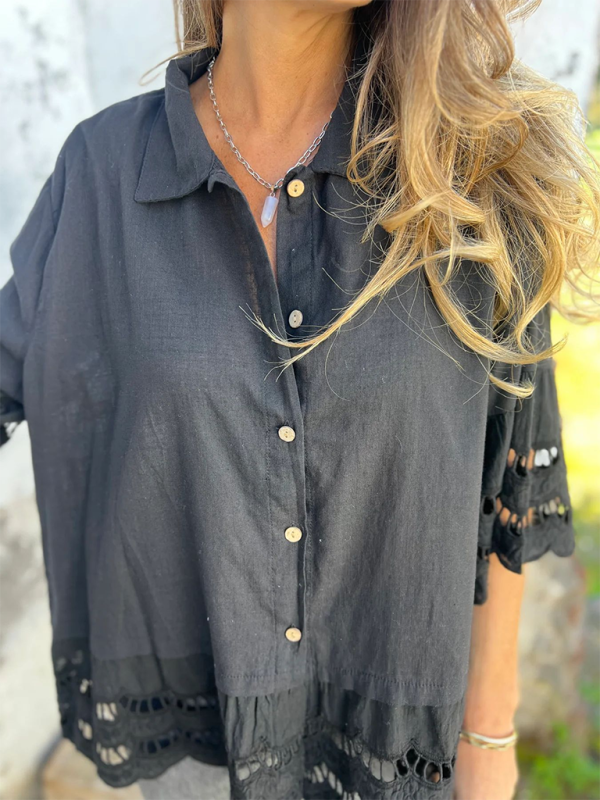 Chemise à manches évasées en dentelle pour femme avec boutons ajourés 
