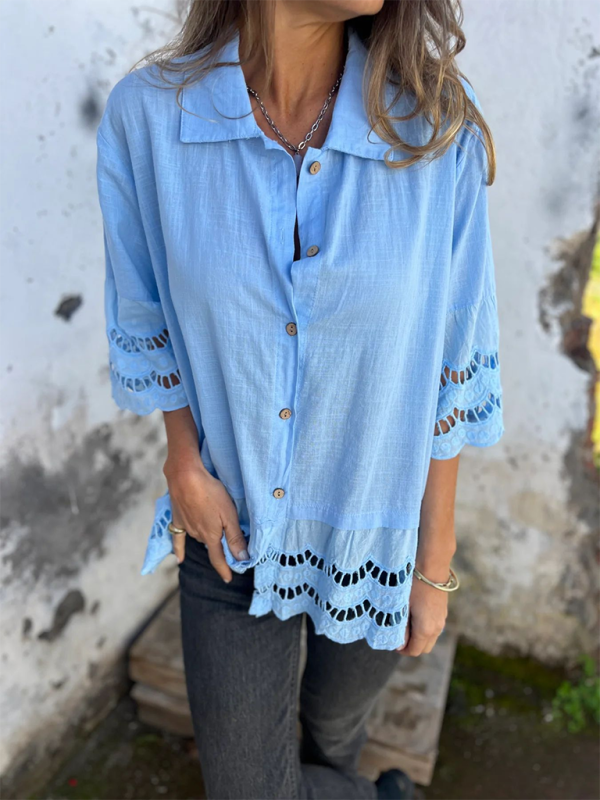Chemise à manches évasées en dentelle pour femme avec boutons ajourés 