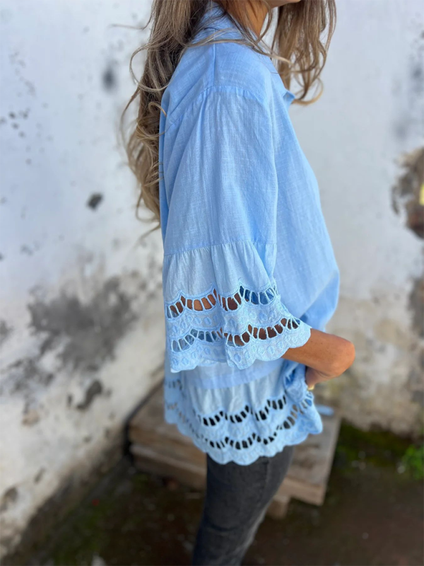 Chemise à manches évasées en dentelle pour femme avec boutons ajourés 