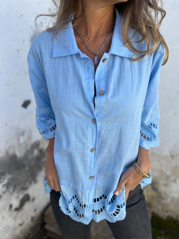 Chemise à manches évasées en dentelle pour femme avec boutons ajourés 