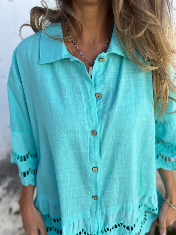 Chemise à manches évasées en dentelle pour femme avec boutons ajourés 
