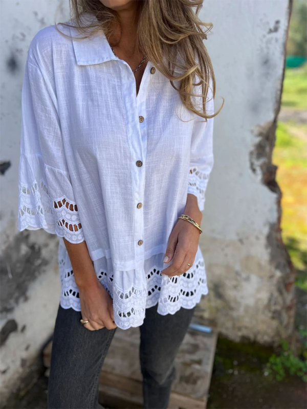 Chemise à manches évasées en dentelle pour femme avec boutons ajourés 