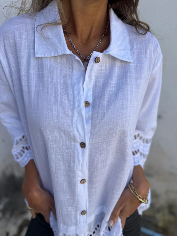 Chemise à manches évasées en dentelle pour femme avec boutons ajourés 