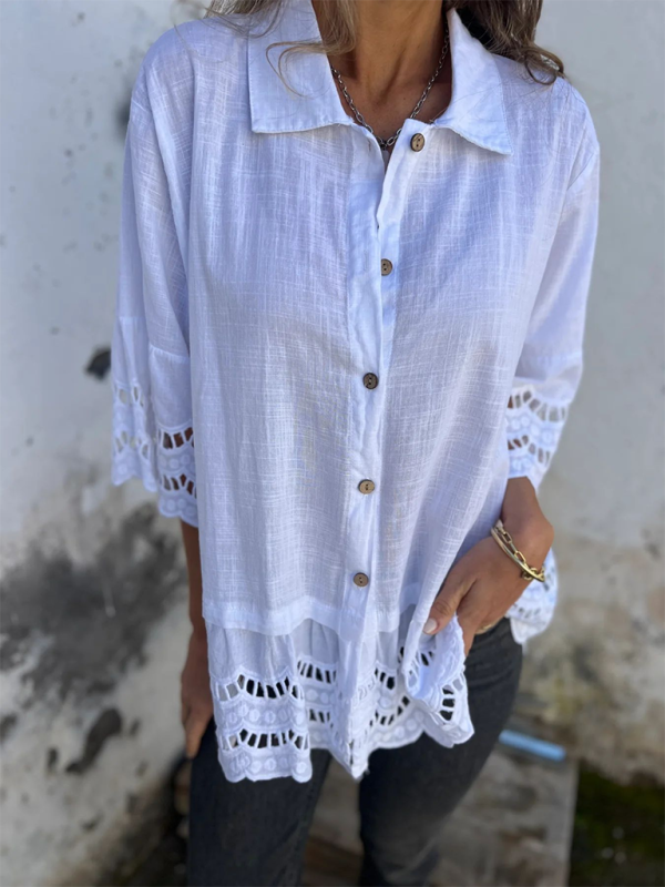 Chemise à manches évasées en dentelle pour femme avec boutons ajourés 
