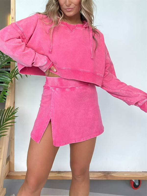 New women's long-sleeved hooded sweatshirt skirt set – texture view