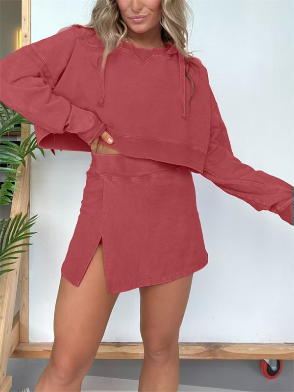 New women's long-sleeved hooded sweatshirt skirt set – front view