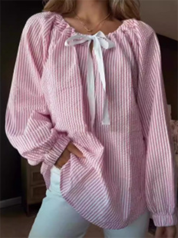 Women's striped lace-up blouse – front view pink